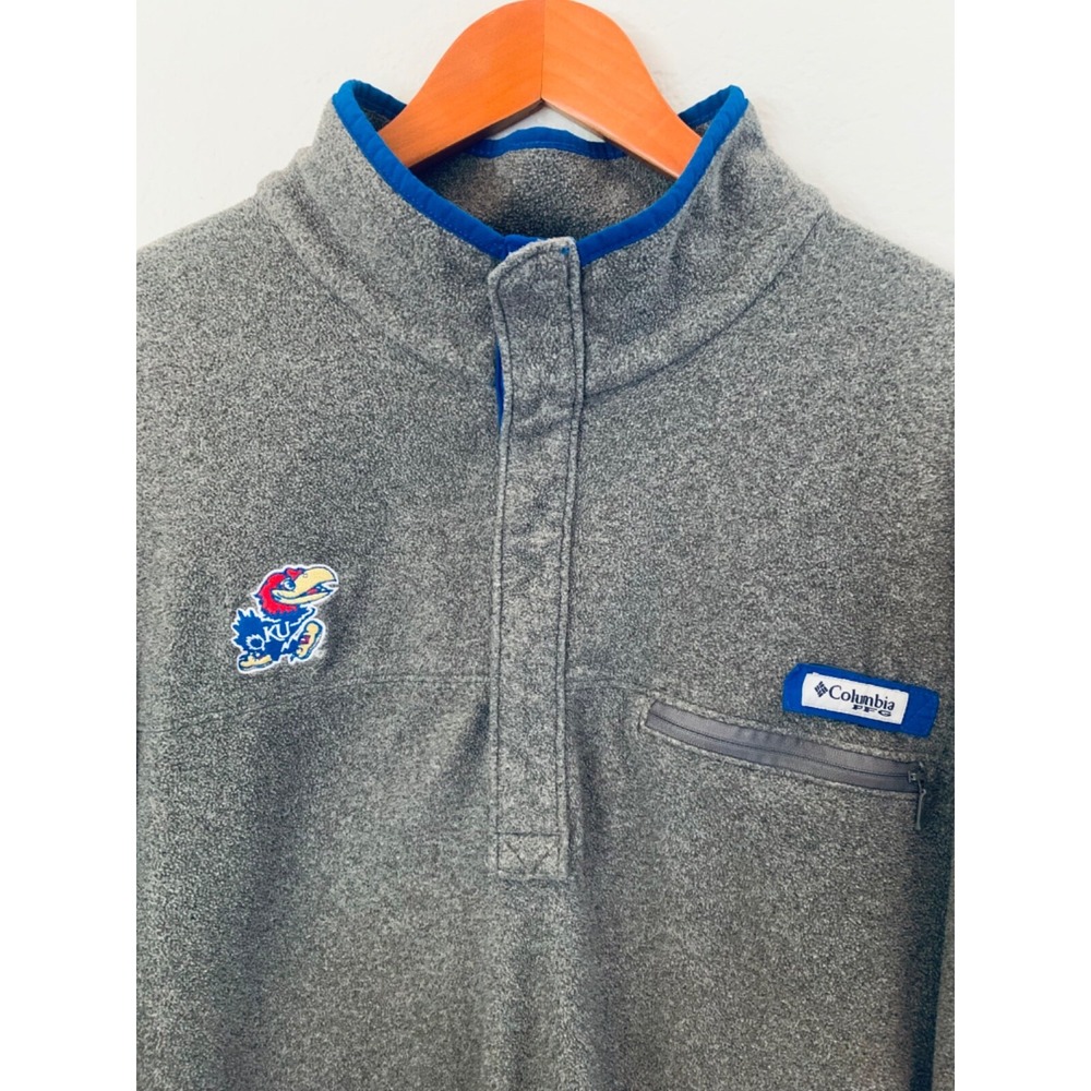 Kansas Jayhawks Columbia PFG Fleece Pullover Jacket Mens XL 1/4 Snap KU NCAA